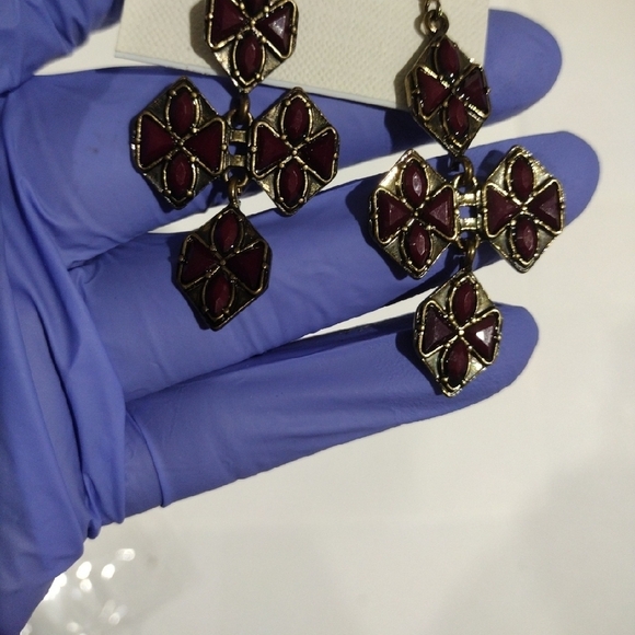 Burgundy Petal Cross Earrings – Gold-Tone Floral Dangles Statement Jewelry - Picture 7 of 9